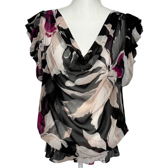 Ted Baker Tops - Ted Baker Blouse Size 8 Floral Chiffon Pullover Ruffle Sleeves Cowl Neck Top